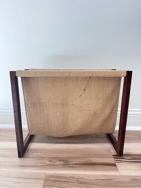 Vintage Mid Century Wooden Magazine Rack Canvas Sling Holder MCM 1960s Decor